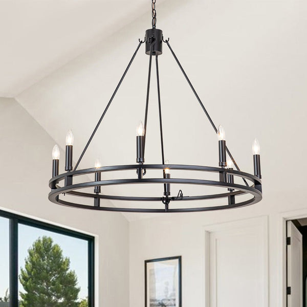 Chandelierias-Modern Farmhouse Candle Style Grand Wagon Wheel Chandelier-Chandeliers-Black-8 Bulbs