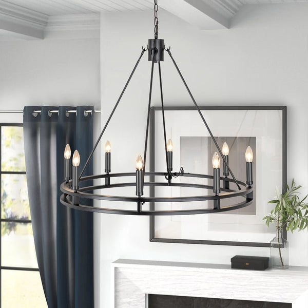 Chandelierias-Modern Farmhouse Candle Style Grand Wagon Wheel Chandelier-Chandeliers-Black-8 Bulbs