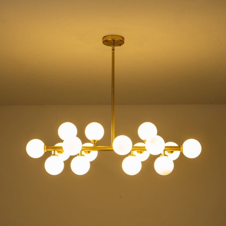 Chandelierias-Modern Linear 16-Light Milky Glass Globe Chandelier-Chandelier-Brass-16 Bulbs