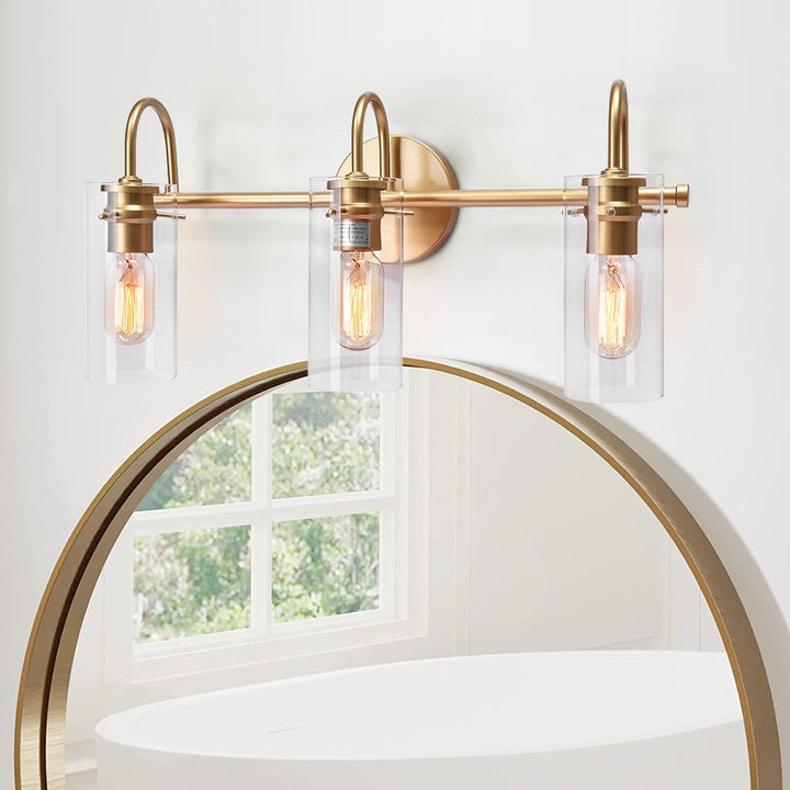 Chandelierias-Modern Linear Cylinder Clear Glass Vanity Light-Chandeliers-Gold-3 Bulbs
