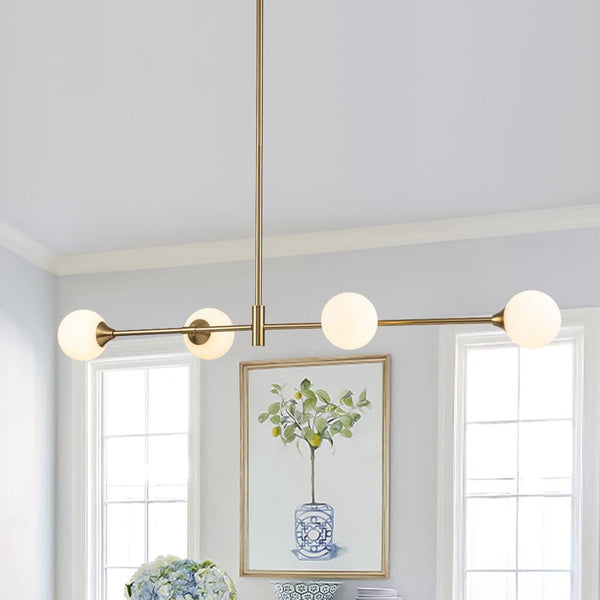 Chandelierias-Modern Minimalist 4-Light Opal Glass Linear Chandelier-Chandeliers-Brass & Black-4 Bulbs