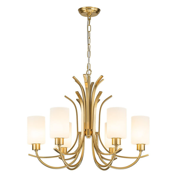 Chandelierias-Ruhlmann Style Brass 6-Light Cylinder Glass Chandelier-Chandeliers-Brass (Pre-order)-