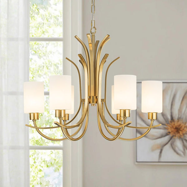 Chandelierias-Ruhlmann Style Brass 6-Light Cylinder Glass Chandelier-Chandeliers-Brass (Pre-order)-