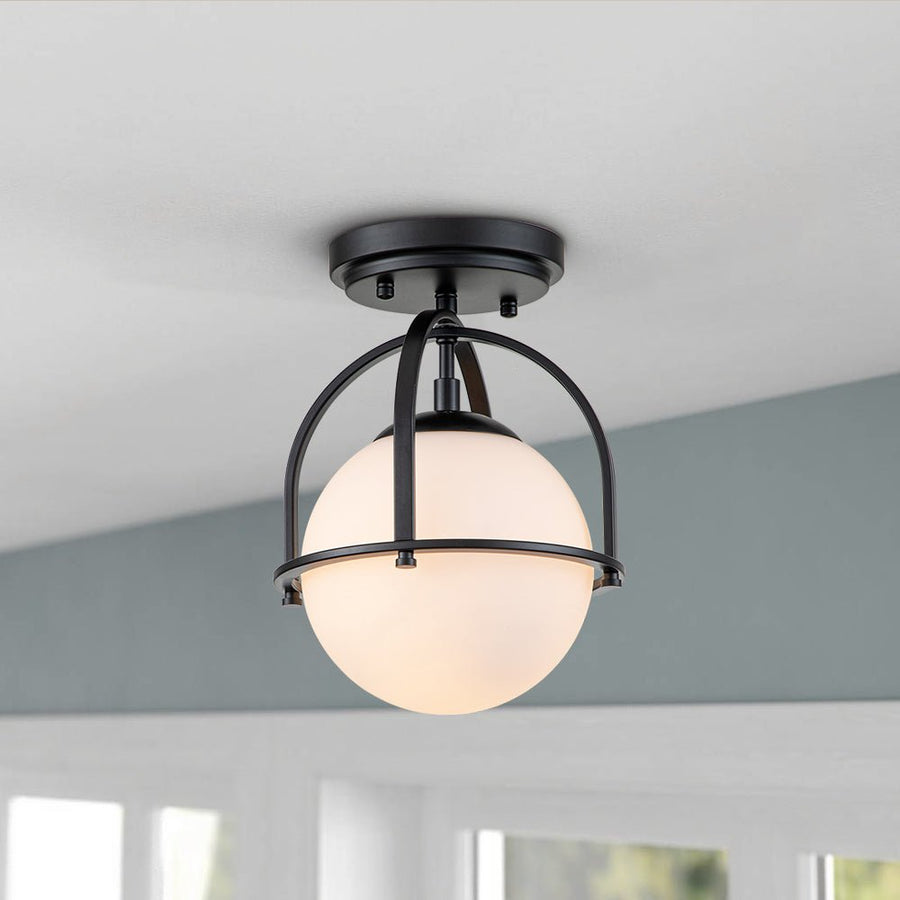 Chandelierias-Single Opal Glass Globe Semi Flush Mount Ceiling Light-Semi Flush-Black-1 Bulb