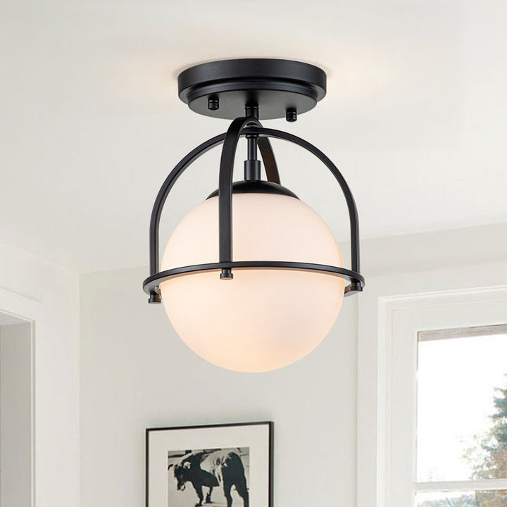 Chandelierias-Single Opal Glass Globe Semi Flush Mount Ceiling Light-Semi Flush-Black-1 Bulb