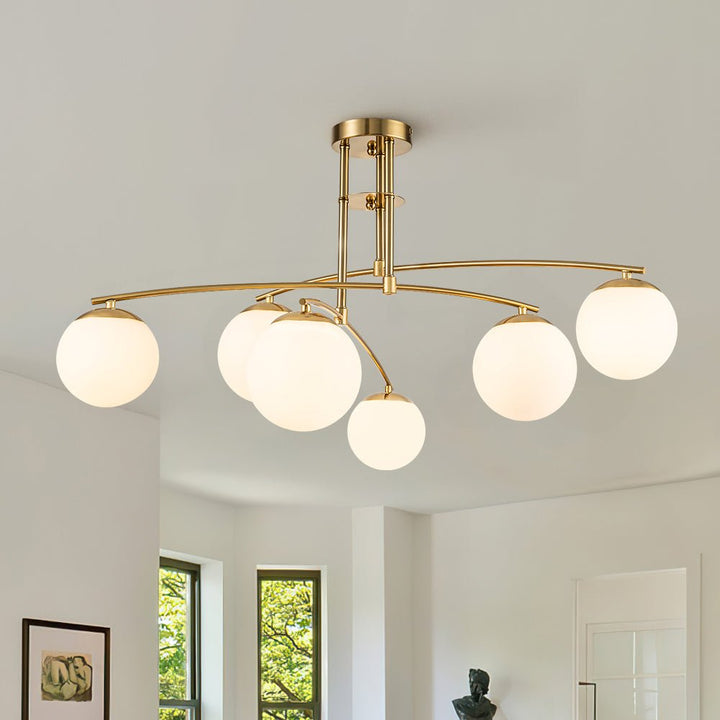 Chandelierias-Stylish 6-Light Branch Glass Globe Semi Flush Mount--Brass-