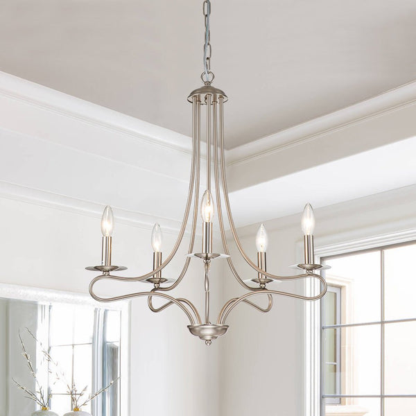 Chandelierias-Traditional 5-Light Curved Arm Candle Style Chandelier-Chandelier-Nickel-