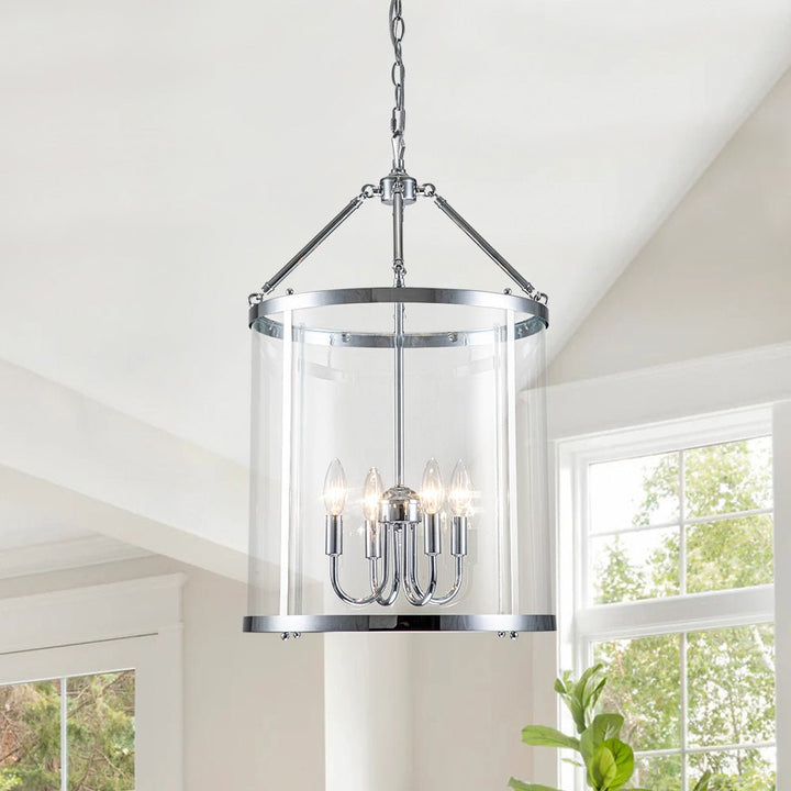 Chandelierias-Traditional Style 4 Light Lantern Pendant With Glass Shade-Pendant-Chrome-