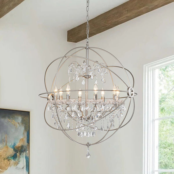 Chandelierias-Vintage 8-Light Orb Chandelier With Crystal Accents-Chandeliers-Nickel-