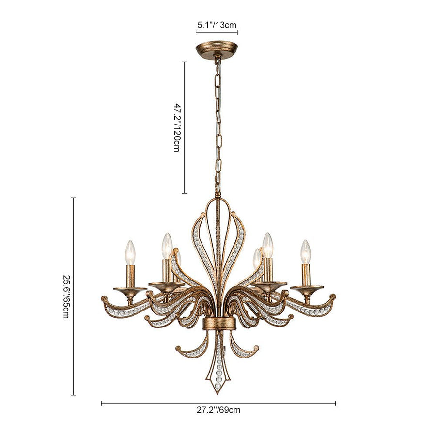 Chandelierias-Vintage Candle-Style 6-Light Crystal Lotus Chandelier-Chandeliers-Antique Brass-6 Bulbs