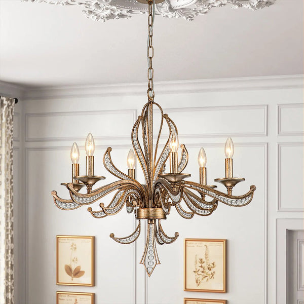 Chandelierias-Vintage Candle-Style 6-Light Crystal Lotus Chandelier-Chandeliers-Antique Brass-6 Bulbs