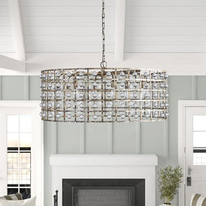 Chandelierias-Vintage Crystal Drops Mottled Silver Drum Chandelier-Chandelier-6 Bulbs-