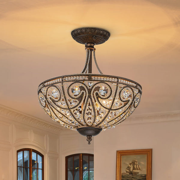Chandelierias-Vintage Luxe 3-Light Bronze Crystal Semi-Flush Mount--Bronze-